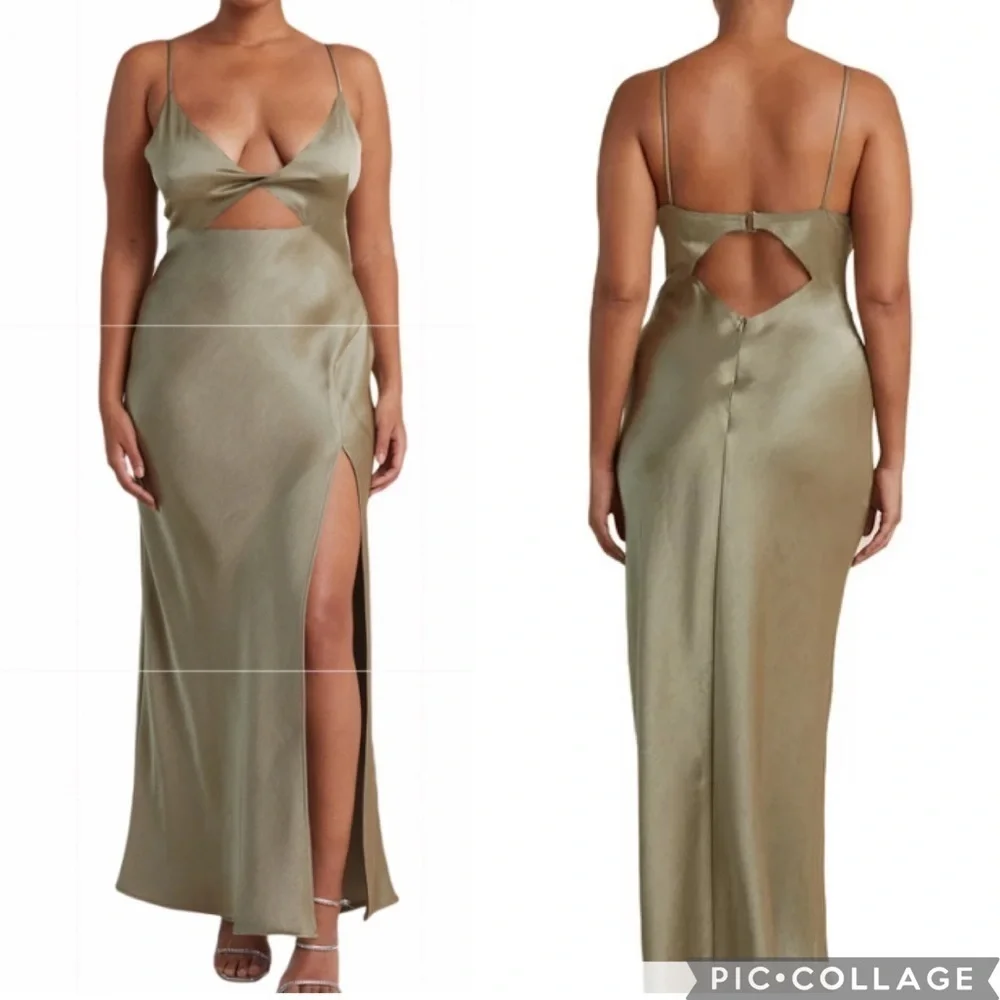 NWT Olive, mossy maxi slip dress, spaghetti strap deep V Neck thigh slit hem - Picture 2 of 12